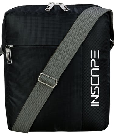 a black and white sling bag with a grey strap