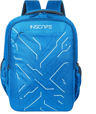 a peacock color backpack with line design print on it