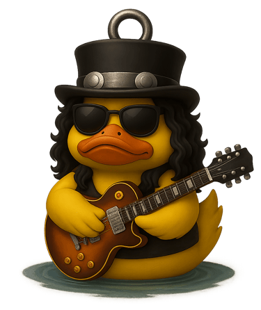 Slash duck, a rubber duck with a hat and sunglasses on
