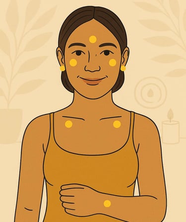 a woman with yellow dots for EFT tapping on her body