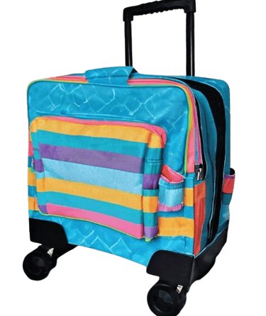 a suitcase with a colorful striped fabric and with eight wheels