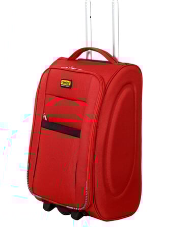 a red suitcase with a black handle and with black wheel