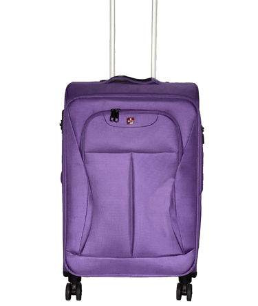 a purple travelling trolley bags with four wheel