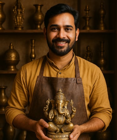a man in a brown apron and aprons holding a statue of a gan gan
