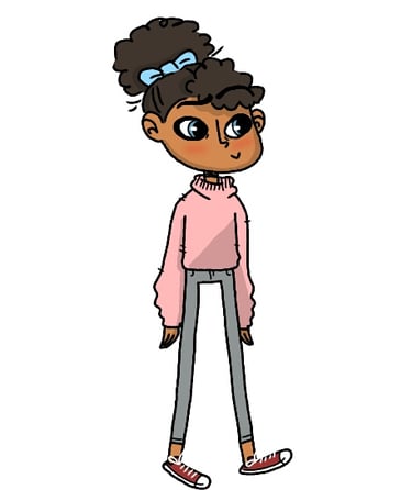 a cartoonish girl with a pink sweater and jeans. Diane Mulolo Faida