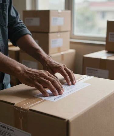 Close-up of hands pressing a printed label onto a cardboard box inside a Mumbai apartment, overcast north-facing daylight through a window, stacked labelled boxes filling the background, moving in progress