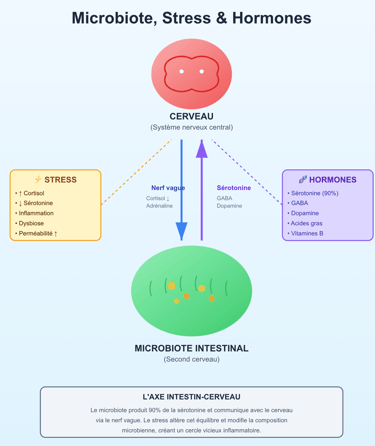 Illustration qui représente la communication entre le Microbiote, les hormones et le stress