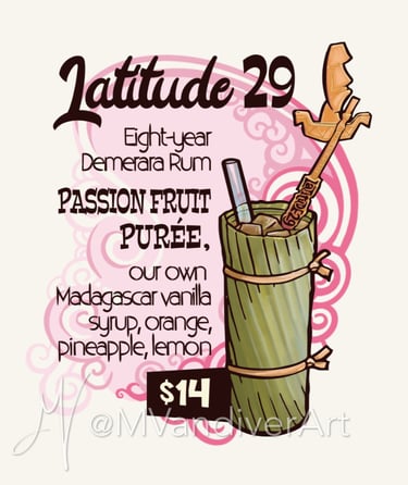 Illustrations from the menu for Beachbum Berry's Latitude 29 by New Orleans artist Melissa Vandiver.