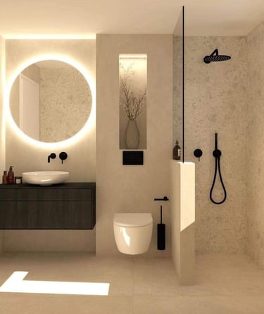 Salle de bains moderne et minimaliste avec miroir circulaire rétroéclairé, meuble-lavabo suspendu et
