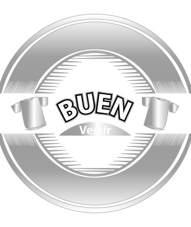 Silver Buen Vestir apparel logo featuring t-shirt icons and circular crest design on a black background.