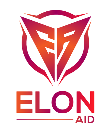 Elon Aid logo featuring a geometric shield icon with letters EA in orange and purple gradient.