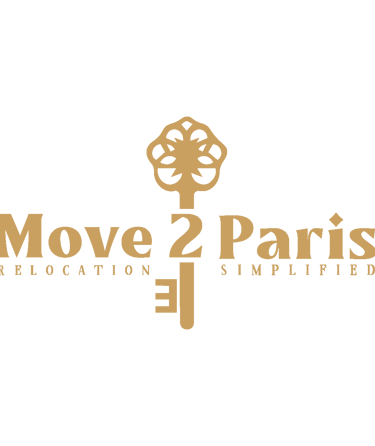 Move 2 Paris logo featuring a gold skeleton key and relocation simplified text on a black background.