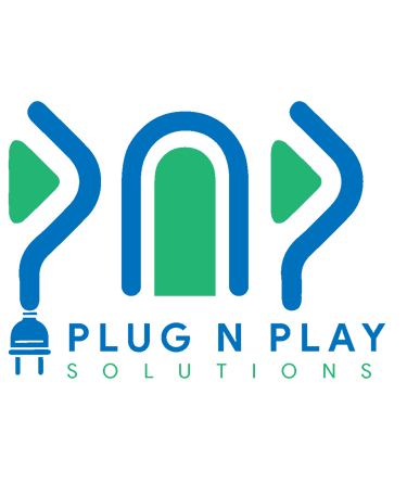 Plug N Play Solutions logo featuring blue and green electric plug icons on a black background.