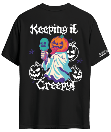 Halloween T shirt of a jack o lanter eating ice cream keeping it creepy funny 