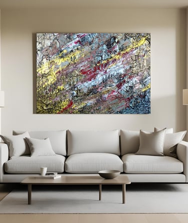 Horizontal abstract canvas above neutral sofa in modern living room, framed by white lamps on both s