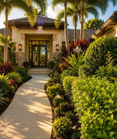 A luxury tropical home entrance with a stone pathway, palm trees, and lush landscaping in Florida.