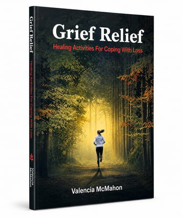 Grief Relief book cover featuring a woman running through a sunlit forest for healing and coping with loss.