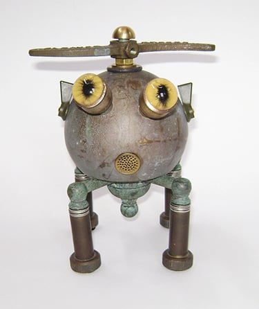 Assemblage robot head named Prophead built by artist Tal Avitzur.