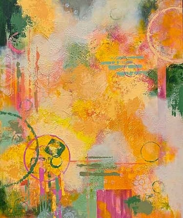 Textured abstract art in warm golds, soft corals, and quiet greens.