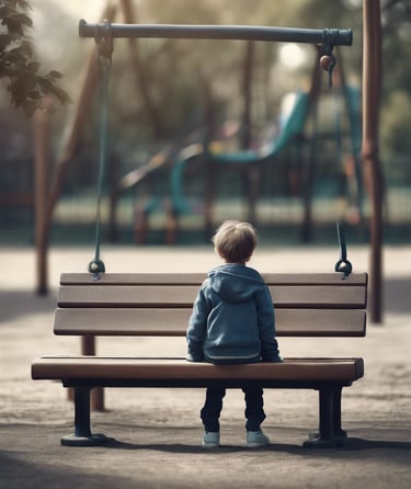 a child sitting on a bench in a park