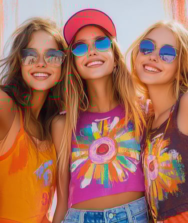 Fotografía de 3 adolescentes sonriendo. Todas portan lentes de sol y ropa colorida