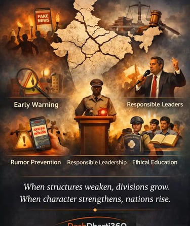 Symbolic India map with structural cracks, justice scales and digital elements reflecting conflict patterns and moral reform.