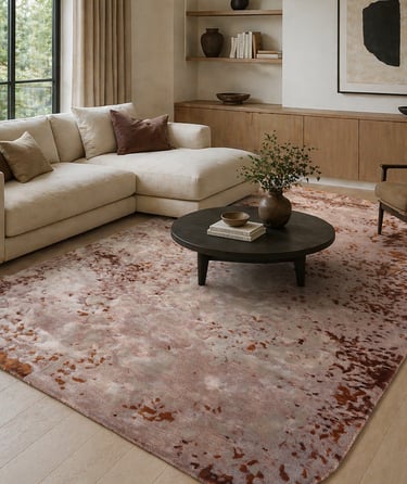 Modern living room featuring a large abstract area rug in copper.