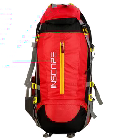 a red backpack trekking bags with yellow front zipper and many strapes