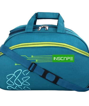 a blue and green duffel bag with a green and yellow logo from duffle bags manufacturer