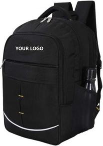a black backpack with water bottle compartment