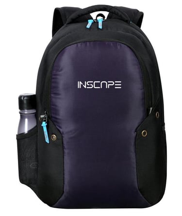 a backpack in purple and black color with unique design and look