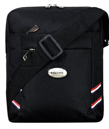 a black sling bag with a red, white and blue stripe