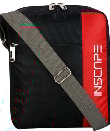 a black and red sling bag with a red and white logo on it