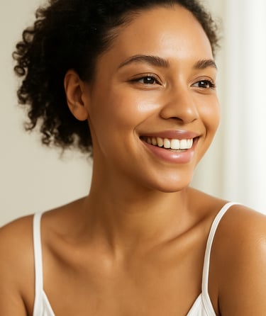 Confident woman with dewy skin smiling gently in natural lighting, wearing a white tank top.