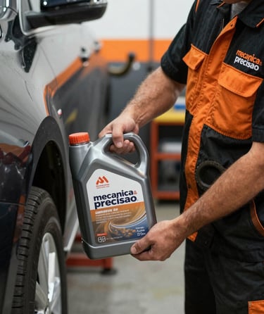 Close-up of oil being poured into a car engine with tools and workshop background.