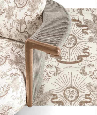 Outdoor lounge chair with patterned cushions, soft fabric details and natural textures for relaxed g