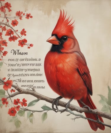 A delicate red cardinal pendant necklace resting on a wooden table.