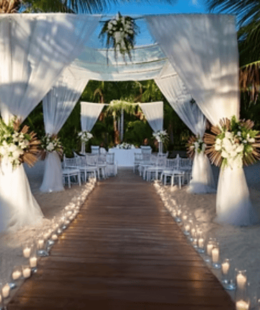 Elegant beach wedding ceremony setup with a white draped altar, floral arrangements, and a candlelit wooden walkway.