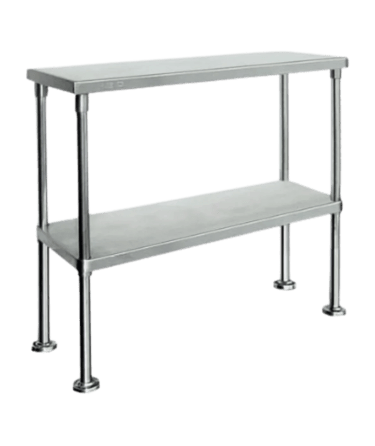 Double tier over shelf made from heavy duty stainless steel to add vertical storage to your kitchen work bench.
