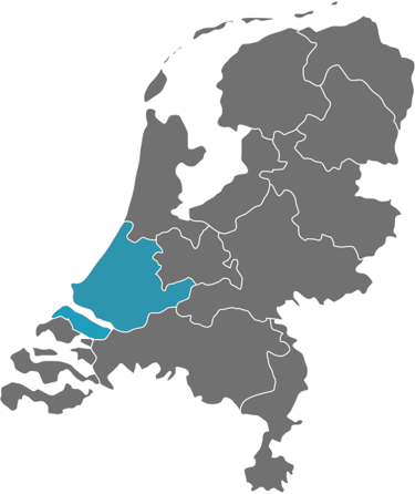 Kaart van Nederland met focus op Zuid-Holland als werkgebied van OLI Installatiebedrijf i
