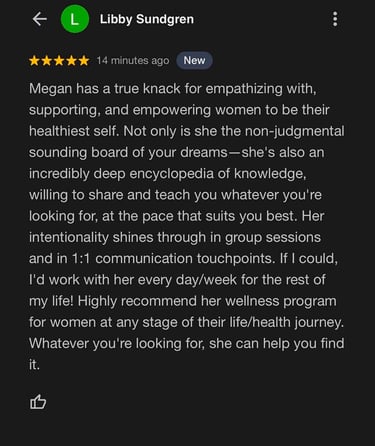 Excellent review for Megan Swan Wellness Coaching.