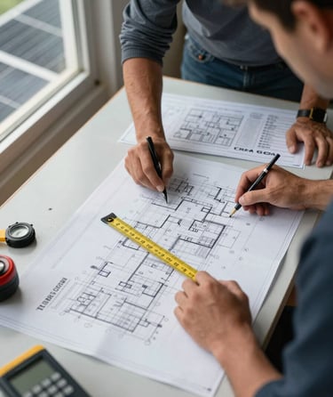 Overhead close-up of a solar installation crew reviewing engineering blueprints spread on a worktable at an Amapá job site, measuring tools and CREA documentation visible, cool daylight from a window to the left