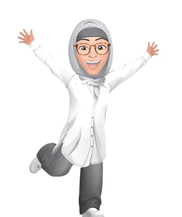 Cheerful female avatar wearing a grey hijab and white shirt jumping for joy.
