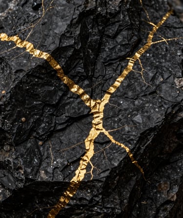 Macro close-up of raw gold veins embedded in dark quartz rock, high-contrast chiaroscuro lighting, dramatic golden reflections against deep charcoal textures.