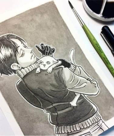 ilustracion de tinta china con imagen de una joven con gato en brazos