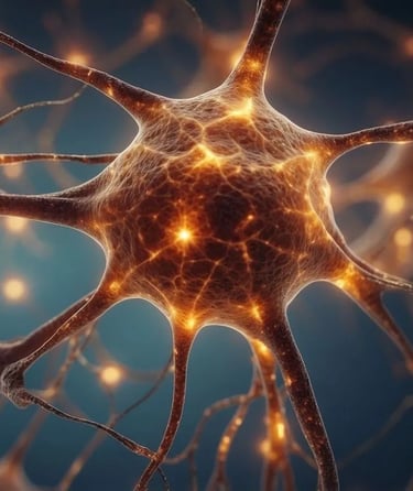 Microscopic view of a glowing human neuron cell with firing synapses and neural network pathways.