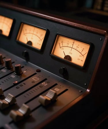 Close-up of a high-end analog audio console with glowing warm meters, low-key gold and copper lighting, deep shadows, elegant cinematic atmosphere, 35mm
