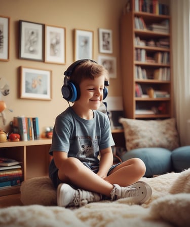 Roześmiany sześcioletni chłopiec w słuchawkach, słucha siedząc po turecku na tapczanie.
