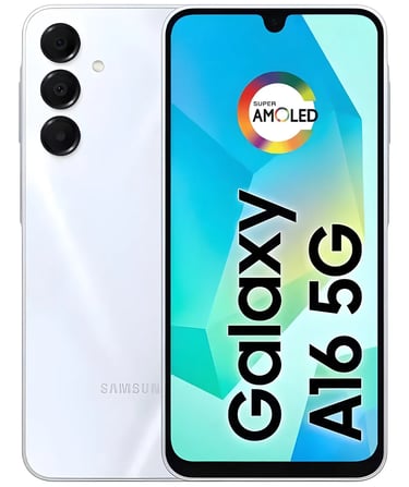 Samsung Galaxy A16 5G smartphone in white featuring a Super AMOLED display and triple rear camera system.