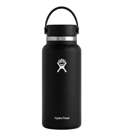 Black 32 oz Hydro Flask wide mouth vacuum insulated stainless steel water bottle with flex cap.